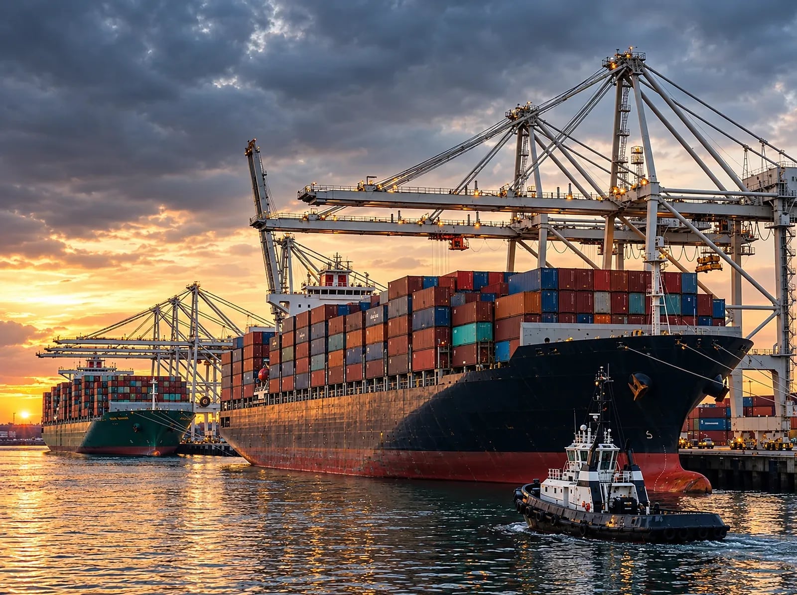 Container ship at a port terminal at sunset, with cranes overhead and a tug alongside
