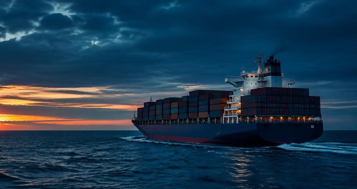 Container ship under way at dusk