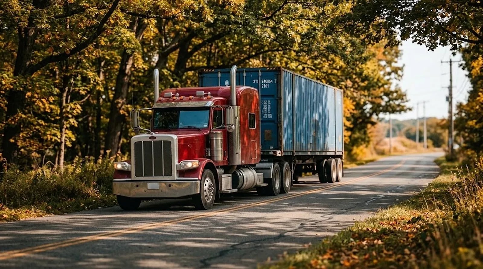 Truck hauling a shipping container along a tree-lined road