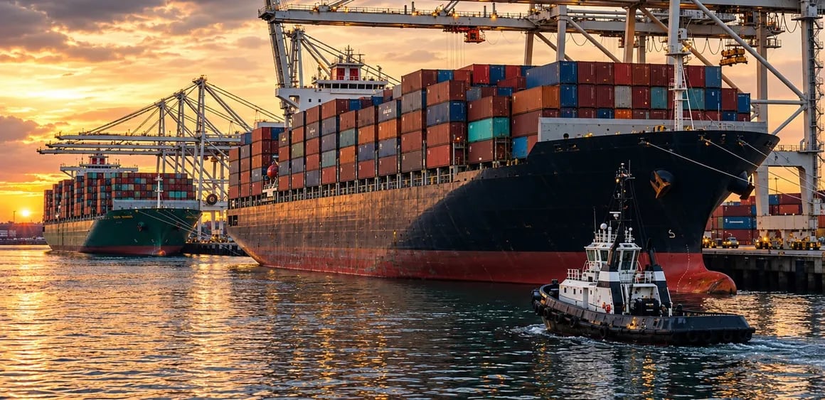 Tug assisting a container ship alongside its berth